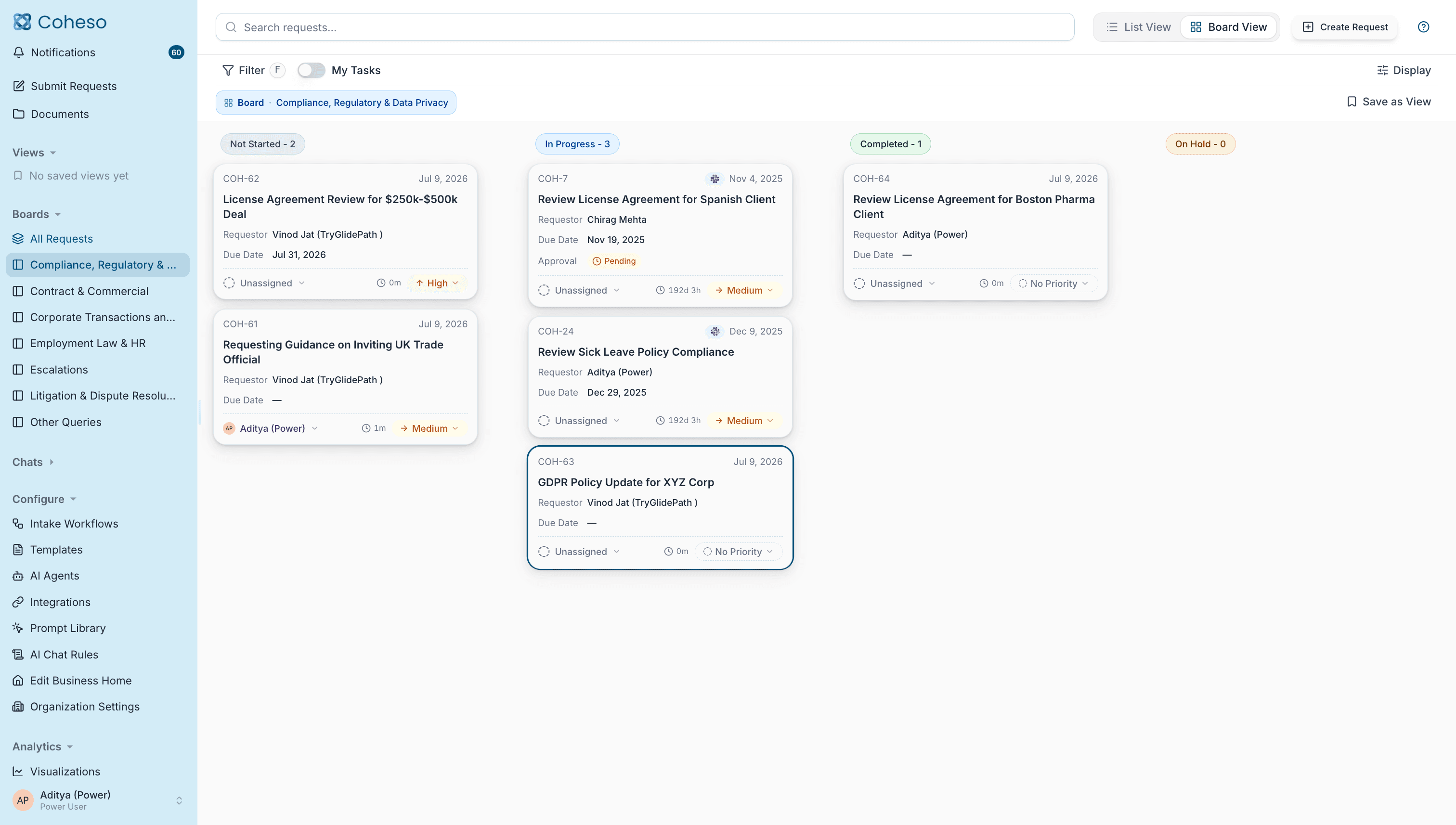 Legal front door workflow — Coheso request flow showing submission, AI triage, routing, and resolution